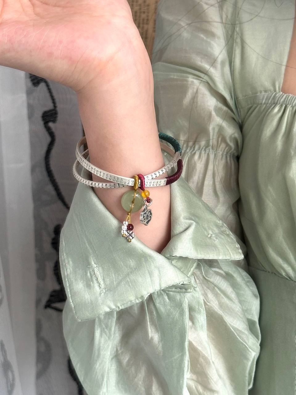 ✨ Sterling Silver 999 Double Ring Bangle with Jade & Red Cord