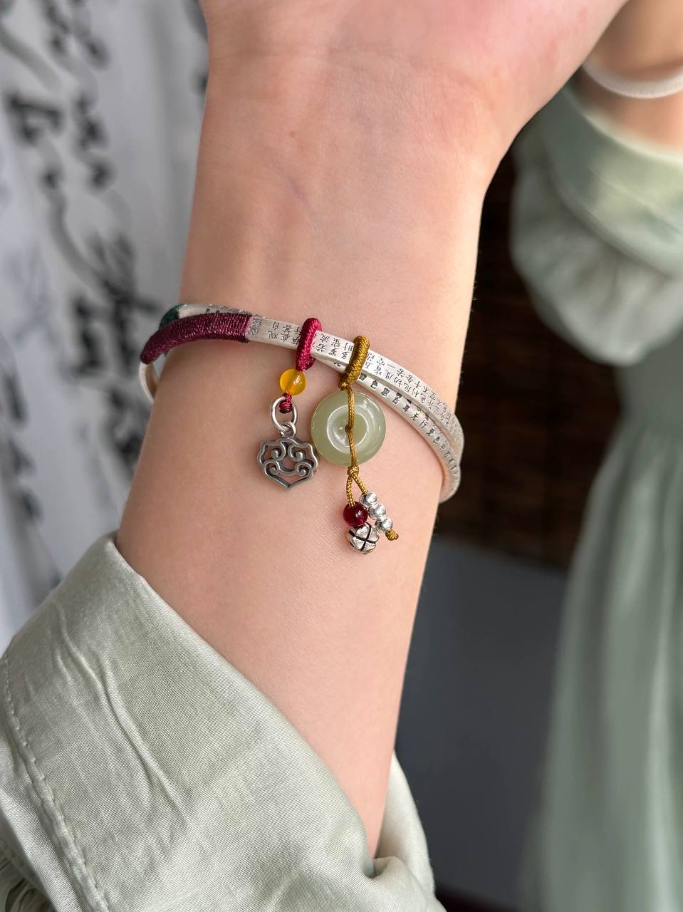 ✨ Sterling Silver 999 Double Ring Bangle with Jade & Red Cord