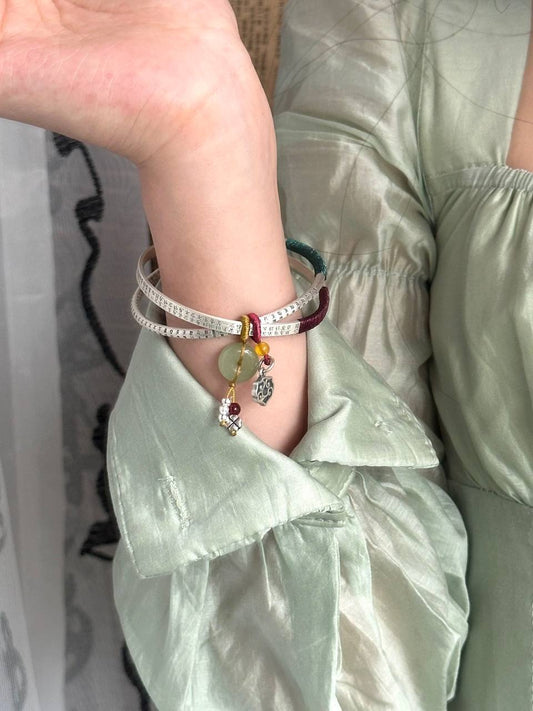 ✨ Sterling Silver 999 Double Ring Bangle with Jade & Red Cord